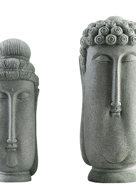 国潮风复古手工青砂石佛首酒窖柜台桌面创意鱼缸佛头沉水装饰