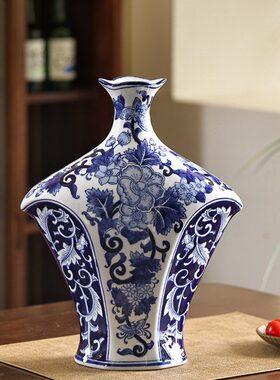中式青花瓷扁花瓶青花瓷花瓶陶瓷家用瓷瓶摆件客厅装饰轻奢花瓶