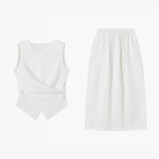 Baijiahao 2026 Summer Temperament Suit ຂອງແມ່ຍິງ Lyocell Linen Breathable Sleeveless Shirt Skirt ຊຸດສອງຊິ້ນ
