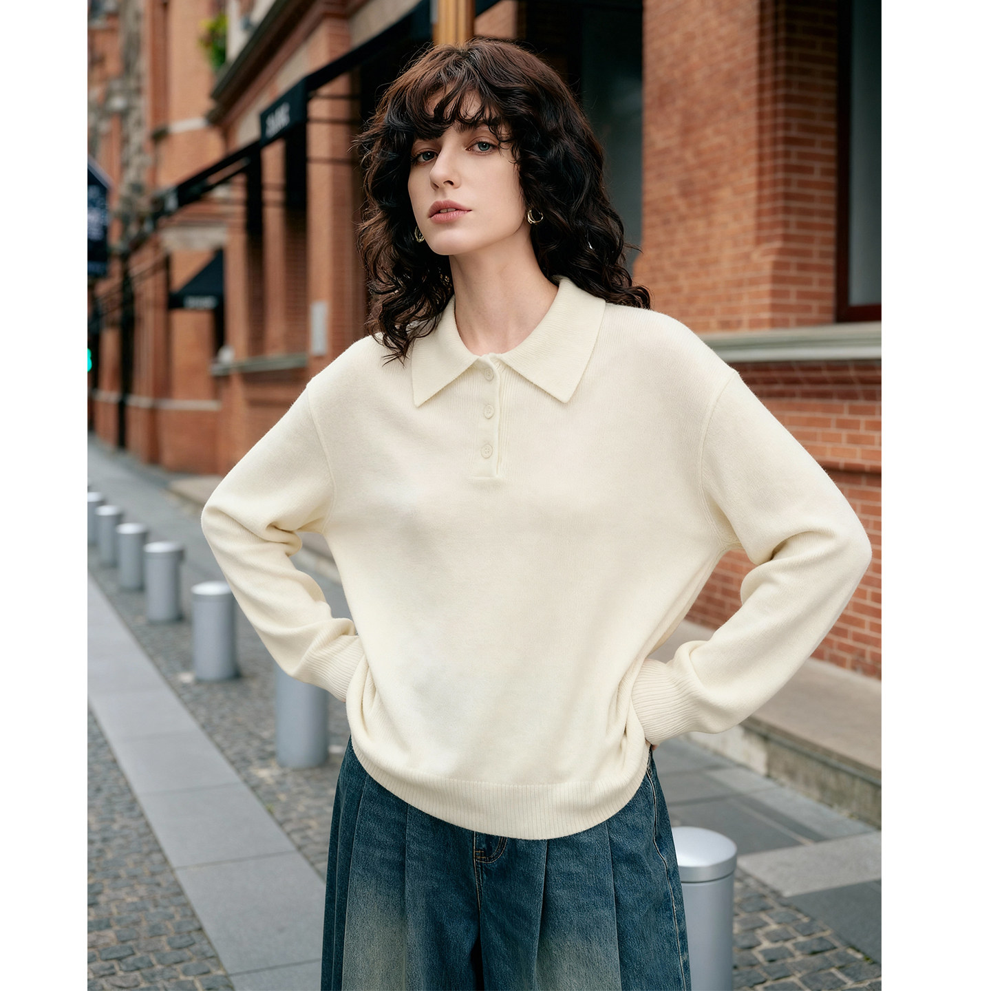 百家好白色POLO领绵羊毛宽松短款针织衫女士秋冬新款保暖内搭上衣,淘宝优惠券,粉丝福利购,淘宝优惠卷