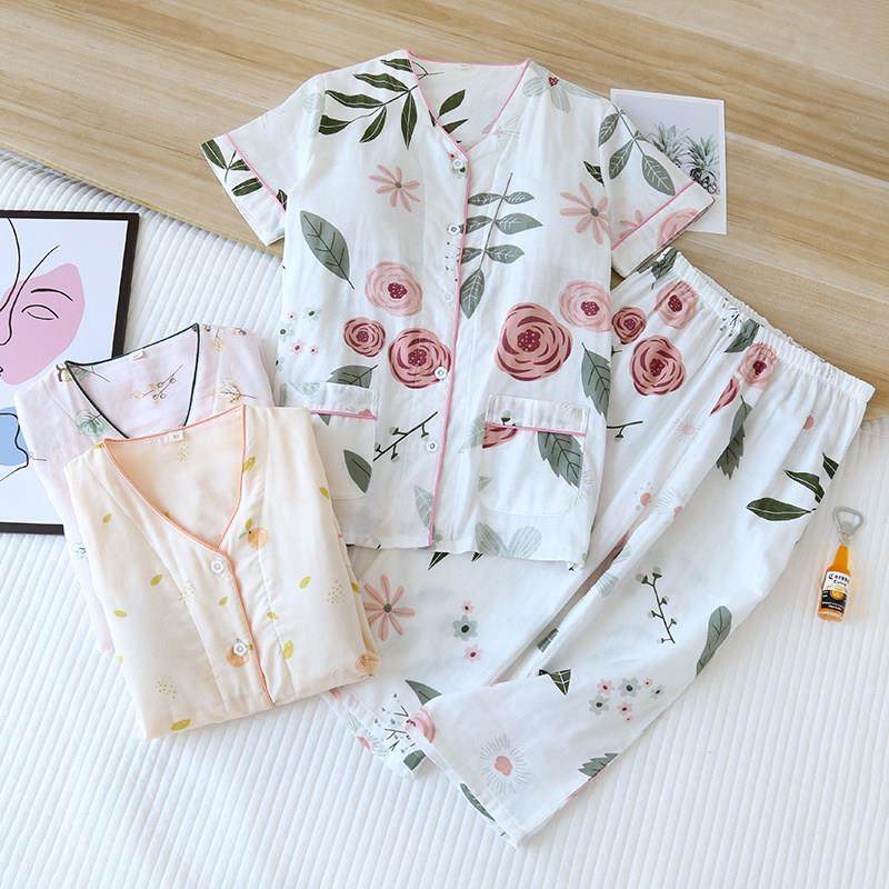 免文胸全棉双层纱布女睡衣套装中裤短袖长裤七分裤带胸垫夏季薄款,淘宝优惠券,粉丝福利购,淘宝优惠卷