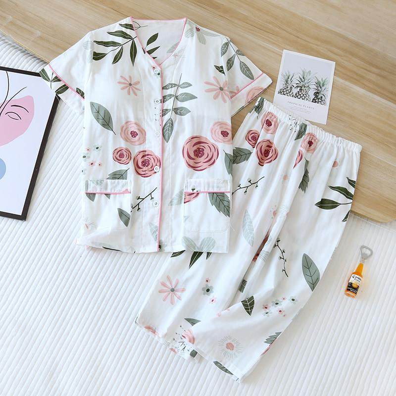 免文胸全棉双层纱布女睡衣套装中裤短袖长裤七分裤带胸垫夏季薄款,淘宝优惠券,粉丝福利购,淘宝优惠卷