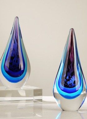 蓝色琉璃水滴艺术现代简约摆件客厅酒店样板间博古架桌面装饰送礼