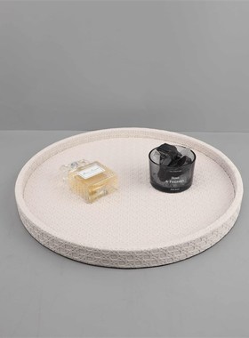 现代简约木质皮革藤格纹托盘摆件客厅卧室玄关茶几电视柜家居饰品