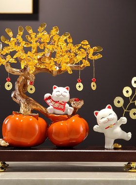 入户玄关招财猫发财树新中式事事如意柿子摆件客厅装饰品乔迁礼物