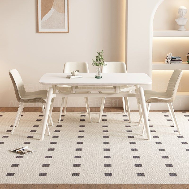 雅居轩奶油风伸缩岩板餐桌椅小户型方圆两用现代白色饭桌,淘宝优惠券,粉丝福利购,淘宝优惠卷