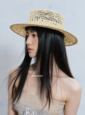 小众设计款镂空草帽女夏季法式赫本风平顶帽度假凹造型遮阳帽子潮