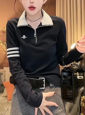 长袖德绒t恤女士秋冬新款立领半拉链拼色打底衫时尚气质百搭上衣