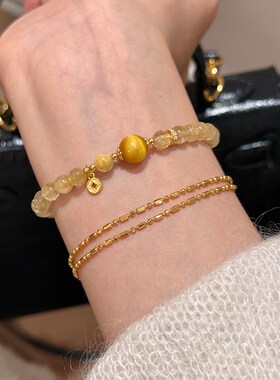 谷岚 金昭新中式天然黄水晶金发晶手串女招财转运虎眼石手链