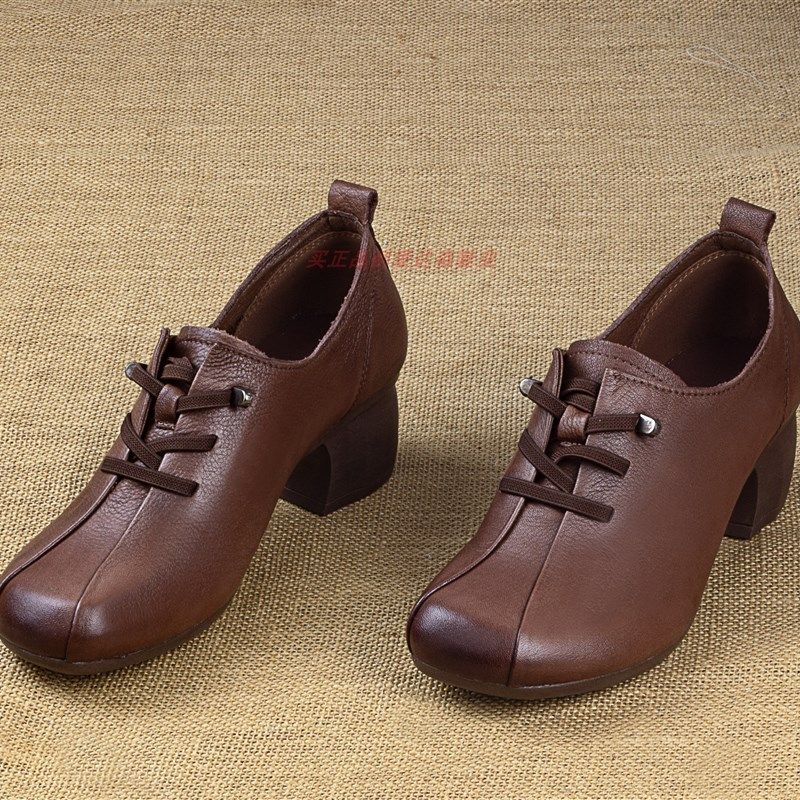 2023春秋新款中年中跟皮鞋复古百搭深口妈妈鞋纯牛皮粗跟休闲单鞋,淘宝优惠券,粉丝福利购,淘宝优惠卷