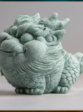 青砂石鱼缸假山造景中式火麒麟办公家居创意精品国潮桌面茶宠