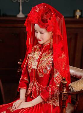 【天猫甄选】红盖头新娘红色新中式秀禾古风婚礼蕾丝结婚红纱出嫁