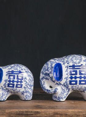 新中式陶瓷大象摆件一对青花瓷创意工艺品客厅电视柜酒柜装饰品