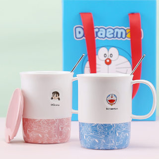 Doraemon mug, gift box for home water cup, dormitory office, ceramic water cup with lid and spoon set