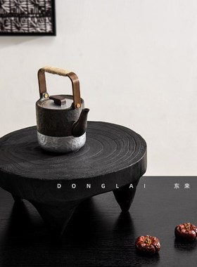 侘寂风碳化木托盘中古风法式圆形茶盘小茶台果盘飘窗边几装饰摆件