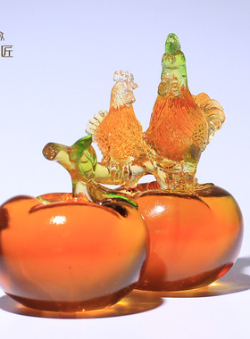 琉璃工艺品事事如意柿子生肖小公鸡摆件可爱乔迁新居礼品实用高档