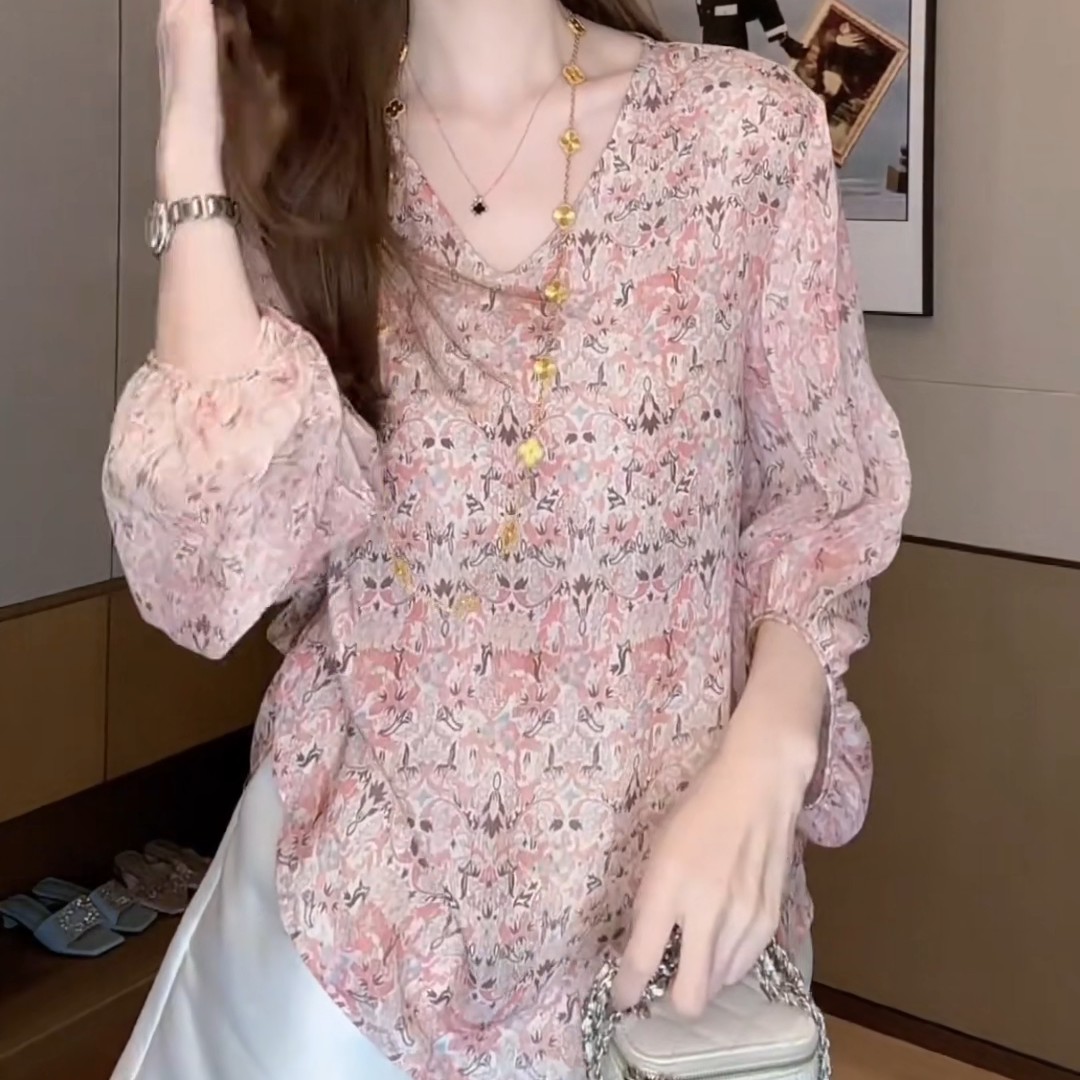 春季高级感时尚减龄雪纺印花防晒衬衫女法式新款轻奢微胖百搭上衣,淘宝优惠券,粉丝福利购,淘宝优惠卷
