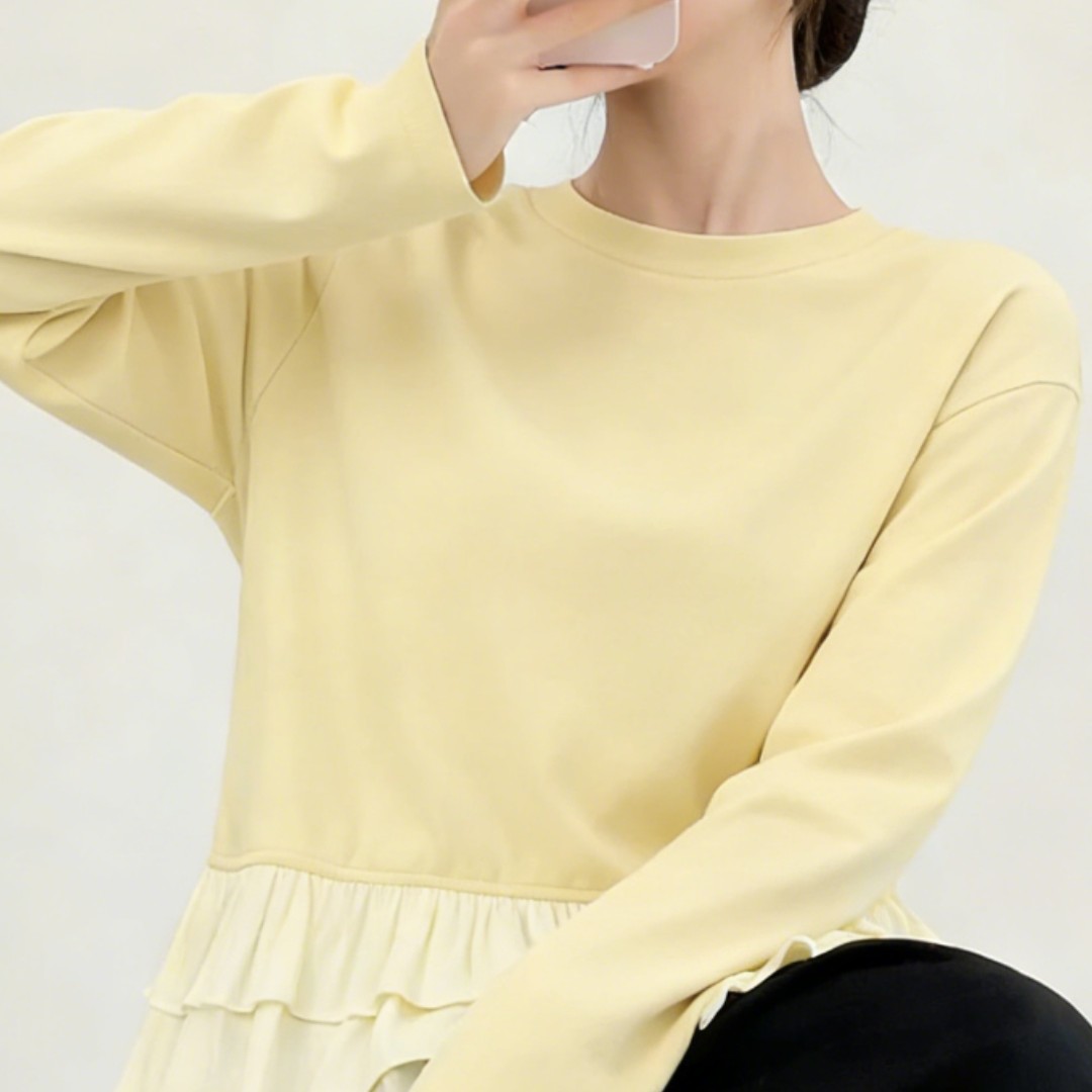 春季新款设计感荷叶边长袖T恤女日常通勤小个子宽松显瘦内搭上衣,淘宝优惠券,粉丝福利购,淘宝优惠卷