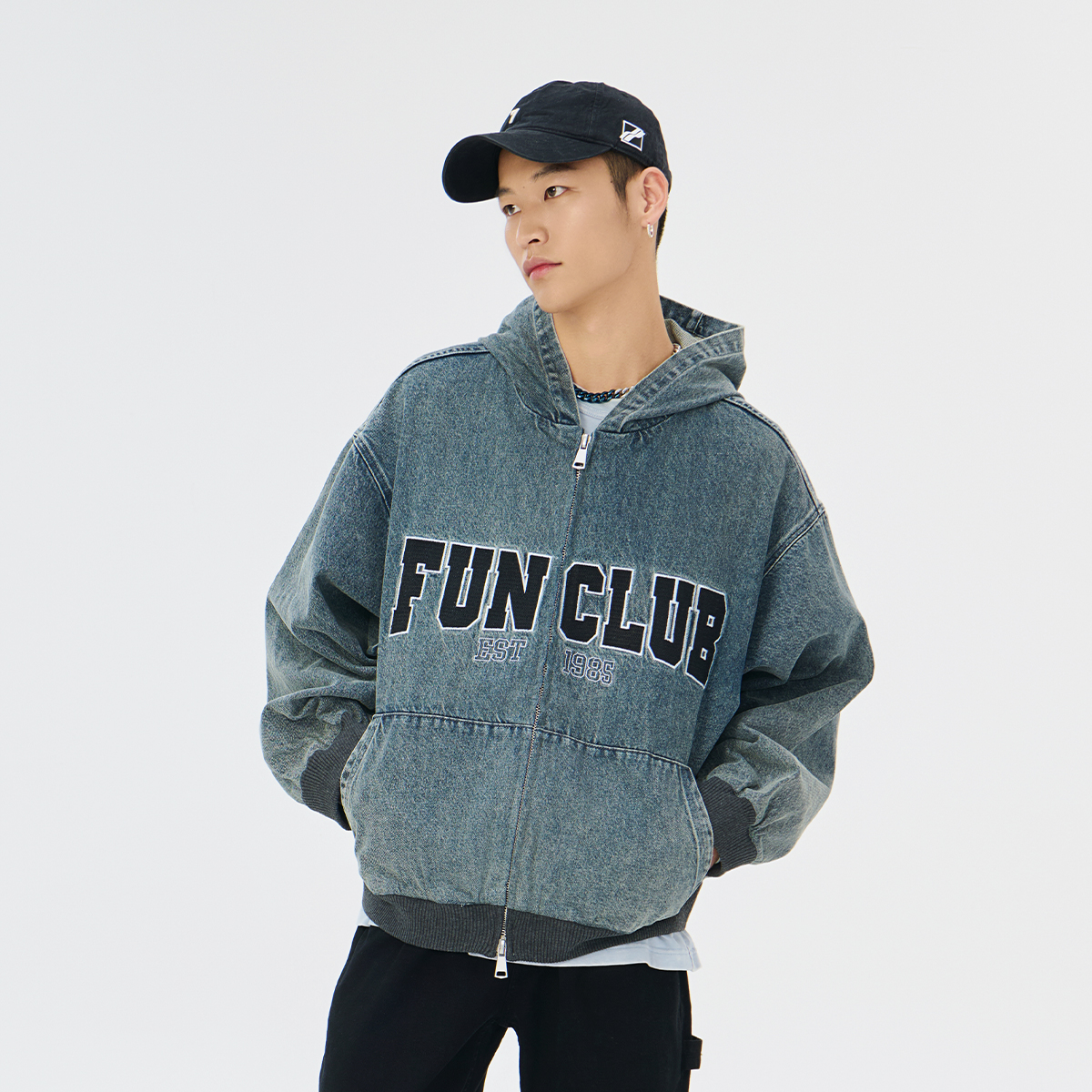 Fun潮牌连帽牛仔外套男2025年秋季新款简约字母印花休闲宽松外套