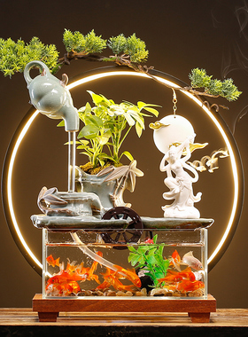 玻璃鱼缸招财流水摆件家居客厅桌面装饰品水循环景观乔迁开业礼品