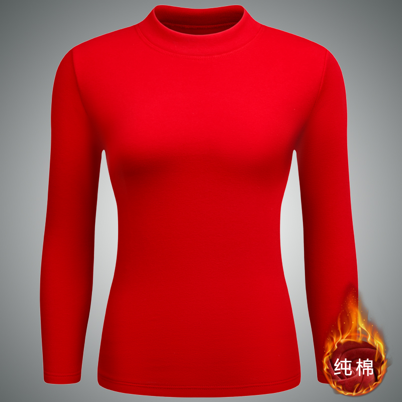 冬季中老年保暖衣女加绒加厚打底衫百搭纯棉内衣妈妈秋衣单件上衣 - 图1