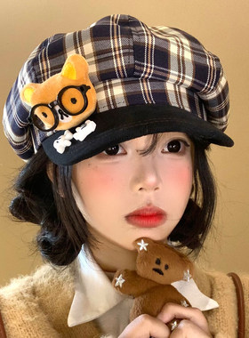 可爱眼镜小熊格纹贝雷帽女秋季甜美显脸小八角帽大头围时尚画家帽
