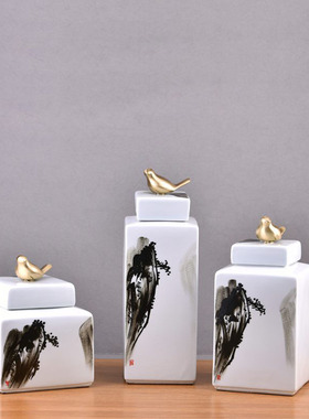 新中式陶瓷储物罐摆件祥云金属办公室书房软装样板间客厅玄关饰品