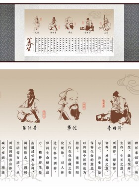 中医养生十大名医华佗丝绸画 道家养生方法装饰画 卷轴挂画已装裱