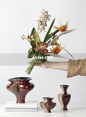 中古侘寂风绿色陶瓷花瓶插花软装客厅茶几餐桌高级感花器花艺摆件