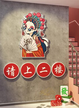 网红国潮风火锅店墙面装饰画x市井餐饮饭店请上二楼指示牌楼梯贴