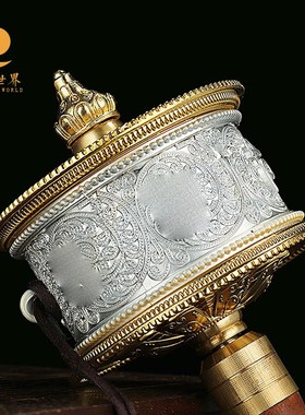 藏式手摇转金轮铜制民o族手持静音六字观音转轮供佛办公转金筒摆