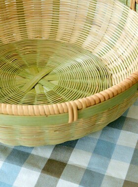竹编收纳筐家用圆形馒头筐水果篮头层竹青编织青菜篮竹制品竹篮子