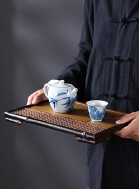 天然岩石茶盘紫竹崖石茶台手工竹编干泡盘藤编壶承茶托茶具收纳盘