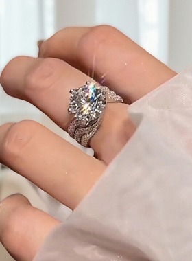 复古群镶莫桑石戒指S925纯银奢华三世情缘银戒指订婚结婚送闺蜜