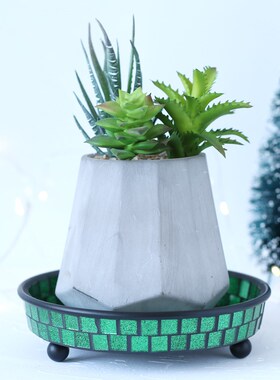 复古手工马赛克玻璃铁艺托盘几何镜片怀旧茶壶托手饰装饰镜面托盘