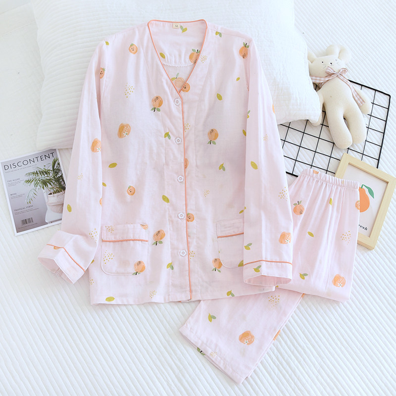 免文胸双层纱布长袖套装睡衣女春秋季薄款家居服宽松带胸垫纯棉夏,淘宝优惠券,粉丝福利购,淘宝优惠卷