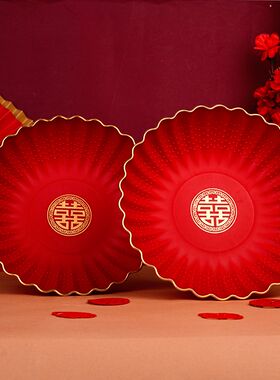 金边结婚果盘干果盘婚庆红盘子色喜糖婚礼加厚款结婚喜盘