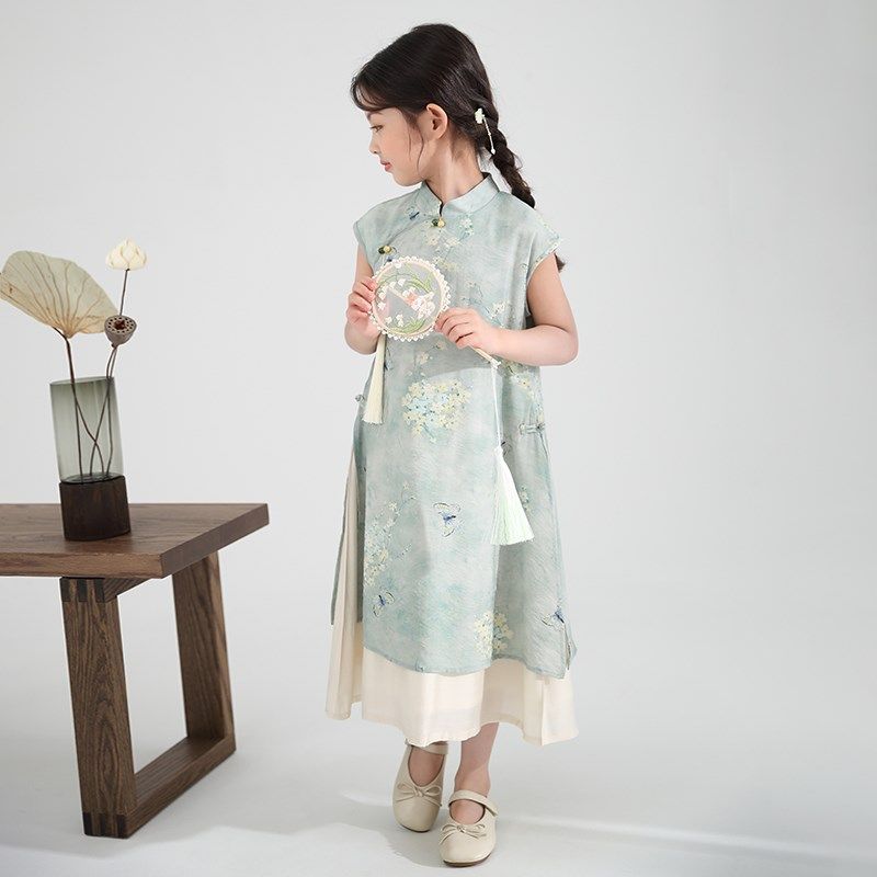 新中式女童旗袍裙改良版汉服中国风夏季儿童假两件连衣裙雪纺裙子,淘宝优惠券,粉丝福利购,淘宝优惠卷