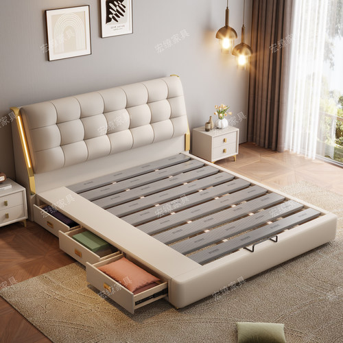 意式真皮床主卧高端大气2025新款1米8双人床2米x2米2软包储物大床 - 图3