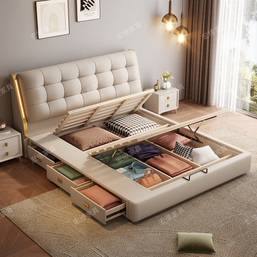 意式真皮床主卧高端大气2025新款1米8双人床2米x2米2软包储物大床 - 图2