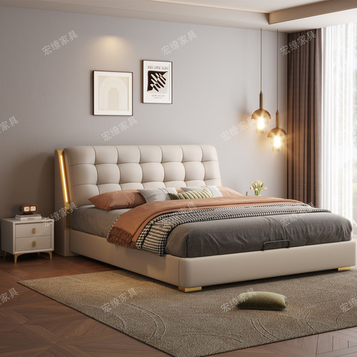 意式真皮床主卧高端大气2025新款1米8双人床2米x2米2软包储物大床 - 图1