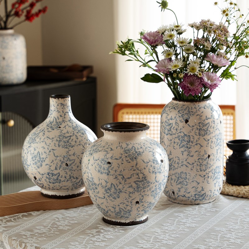 陶瓷花瓶斑驳仿古做旧青花瓷高级感复古客厅干花插花家居艺术摆件 - 图0