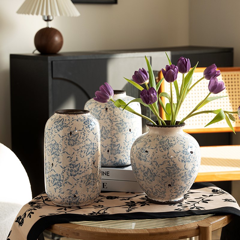 陶瓷花瓶斑驳仿古做旧青花瓷高级感复古客厅干花插花家居艺术摆件 - 图2
