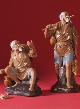 石湾陶艺人物渔翁得利公仔陶瓷盆景假山博古装饰品姜太公钓鱼摆件