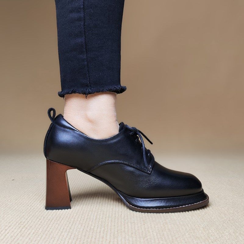 7.5cm高跟鞋女方头粗跟羊皮单鞋春秋季真皮系带深口皮鞋黑色棕色,淘宝优惠券,粉丝福利购,淘宝优惠卷