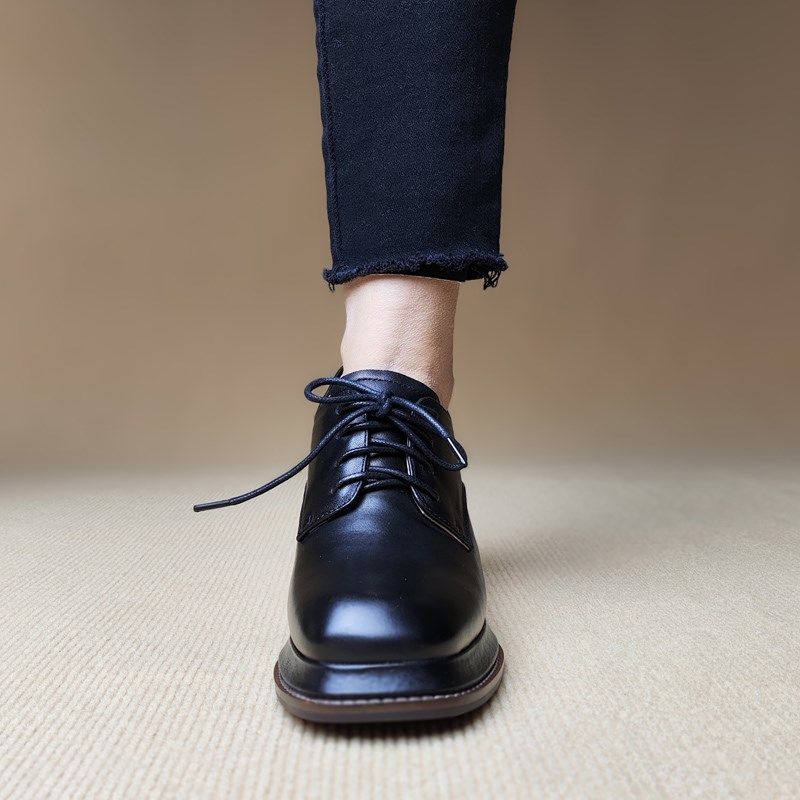 7.5cm高跟鞋女方头粗跟羊皮单鞋春秋季真皮系带深口皮鞋黑色棕色,淘宝优惠券,粉丝福利购,淘宝优惠卷