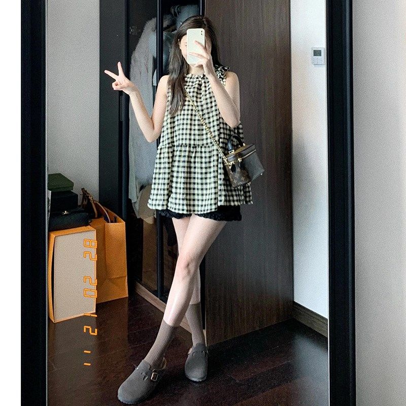 孕妇套装肌理感格纹圆领无袖薄款上衣短裤2024新款休闲两件套夏季,淘宝优惠券,粉丝福利购,淘宝优惠卷