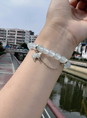 喜饰浅灰晴水玉髓手链女款单圈简约百搭小众设计高级轻奢玛瑙手串