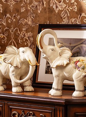 欧式陶瓷大象摆件一对招财镇宅吉祥大号客厅电视柜玄关酒柜装饰品