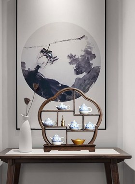 新中式博古架多宝阁复古禅意茶室茶楼茶壶家居客厅装饰品艺术摆件